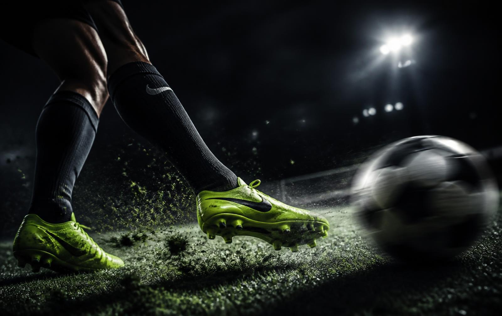 Pemain bola menendang bola dengan boot neon di padang malam